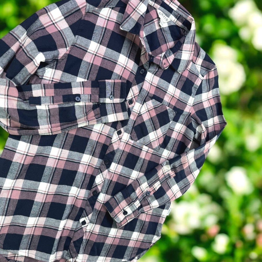 Orvis Classic Collection Plaid Flannel Button Down Shirt Womens S Pink Navy Top